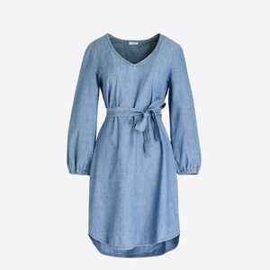 J.Crew 100% Cotton Chambray Blue Denim V-Neck Tie-Waist Long Sleeve Dress XL NWT